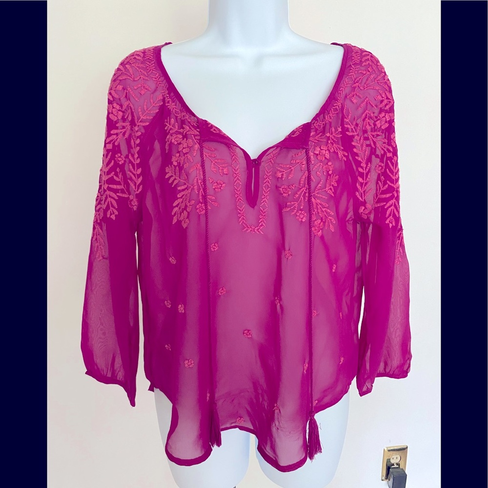 NWOT, Lucky Brand Pink Embroidered See-through Top